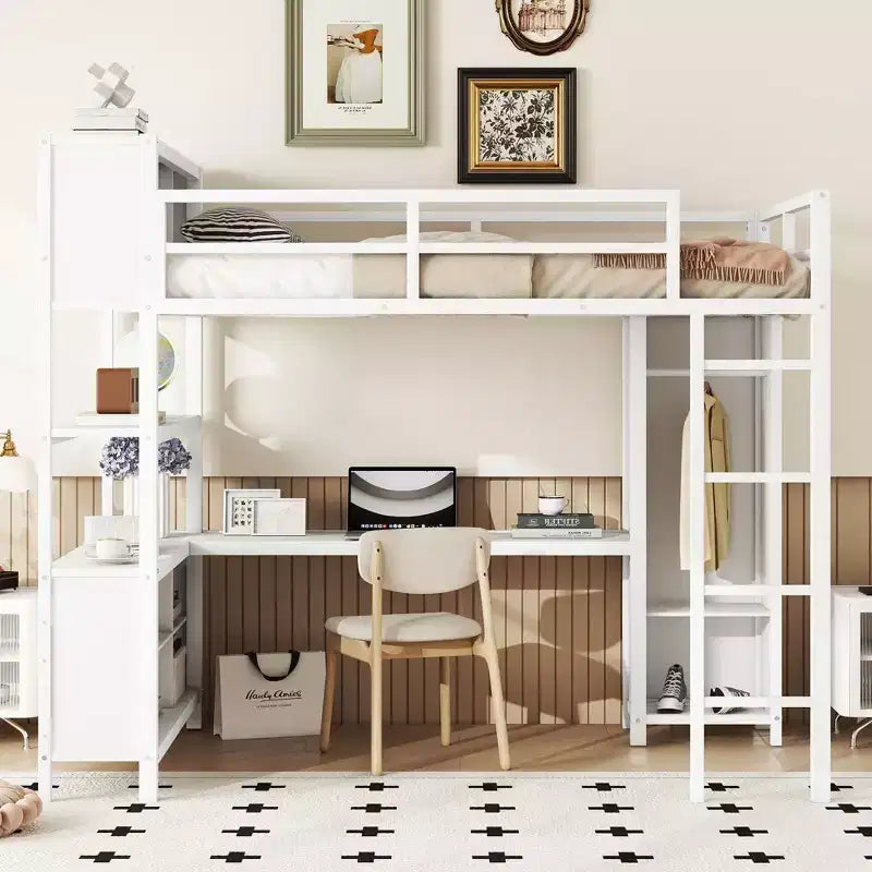 Lit mezzanine Okak pleine grandeur avec armoire et bureau en L, lits superposés en métal robustes avec étagères de rangement, lits mezzanine modernes pour adolescents et adultes