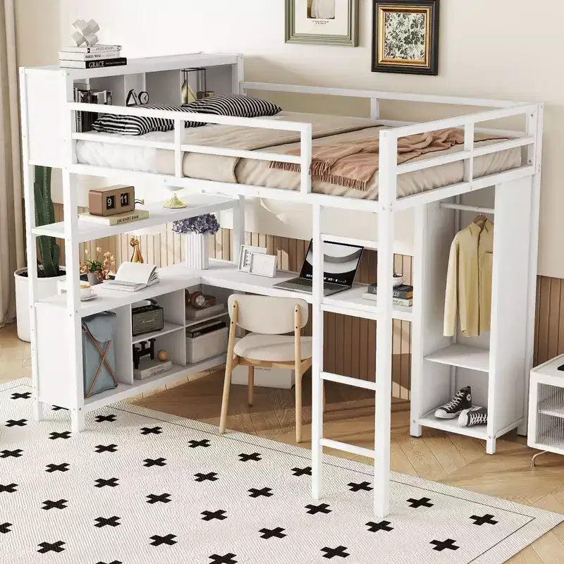 Lit mezzanine Okak pleine grandeur avec armoire et bureau en L, lits superposés en métal robustes avec étagères de rangement, lits mezzanine modernes pour adolescents et adultes