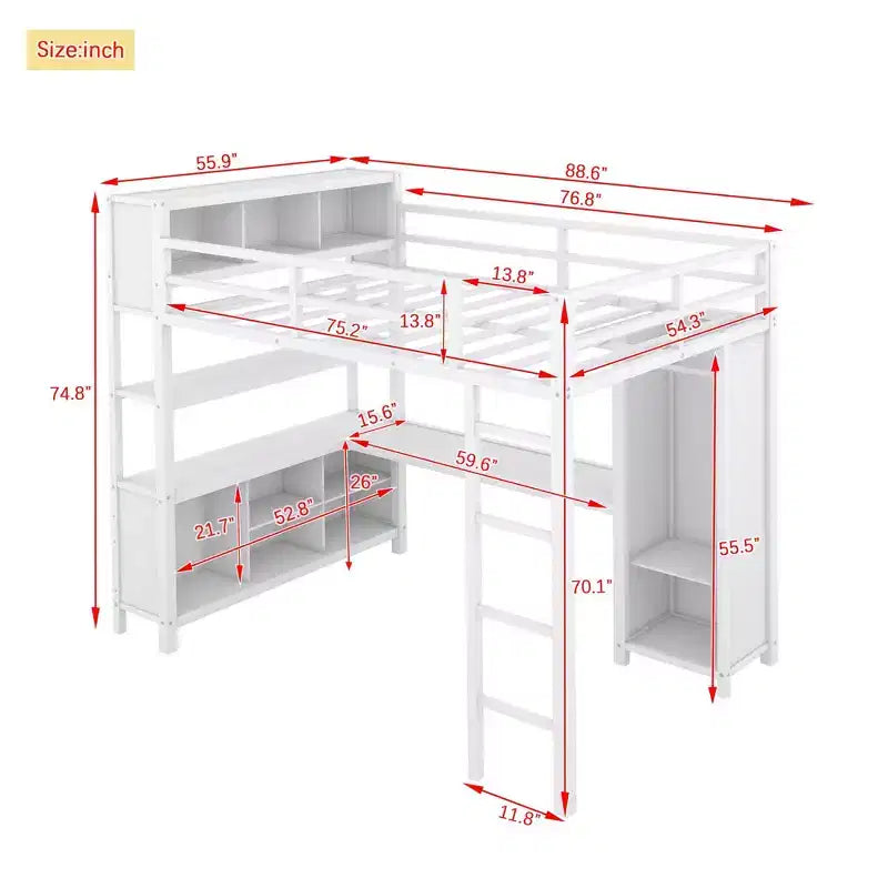 Lit mezzanine Okak pleine grandeur avec armoire et bureau en L, lits superposés en métal robustes avec étagères de rangement, lits mezzanine modernes pour adolescents et adultes