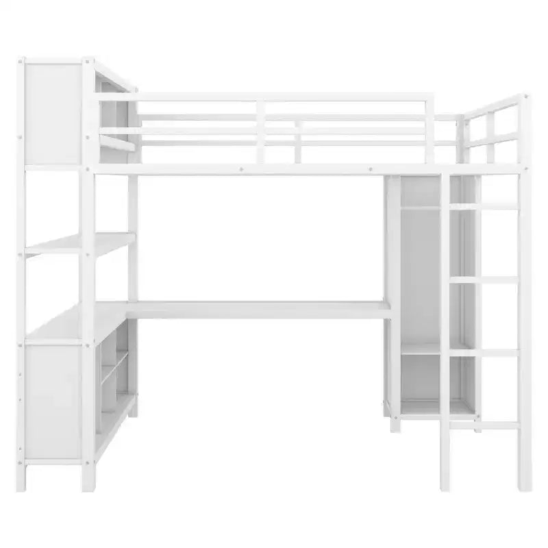 Lit mezzanine Okak pleine grandeur avec armoire et bureau en L, lits superposés en métal robustes avec étagères de rangement, lits mezzanine modernes pour adolescents et adultes