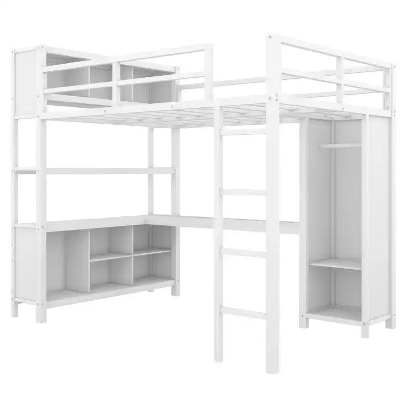 Lit mezzanine Okak pleine grandeur avec armoire et bureau en L, lits superposés en métal robustes avec étagères de rangement, lits mezzanine modernes pour adolescents et adultes