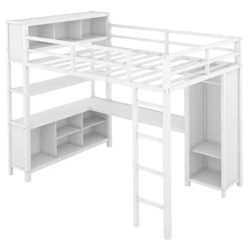 Lit mezzanine Okak pleine grandeur avec armoire et bureau en L, lits superposés en métal robustes avec étagères de rangement, lits mezzanine modernes pour adolescents et adultes