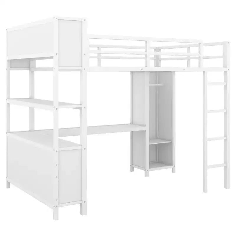 Lit mezzanine Okak pleine grandeur avec armoire et bureau en L, lits superposés en métal robustes avec étagères de rangement, lits mezzanine modernes pour adolescents et adultes