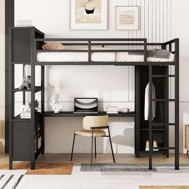 Lit mezzanine Okak pleine grandeur avec armoire et bureau en L, lits superposés en métal robustes avec étagères de rangement, lits mezzanine modernes pour adolescents et adultes