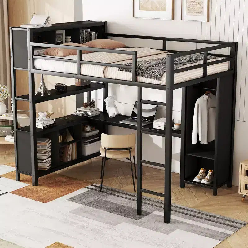 Lit mezzanine Okak pleine grandeur avec armoire et bureau en L, lits superposés en métal robustes avec étagères de rangement, lits mezzanine modernes pour adolescents et adultes