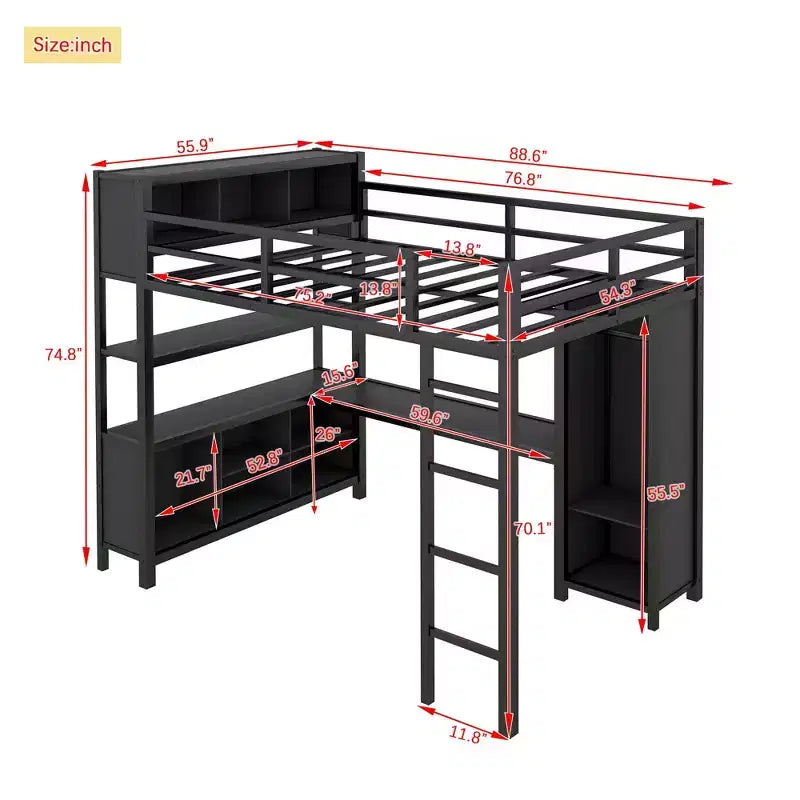 Lit mezzanine Okak pleine grandeur avec armoire et bureau en L, lits superposés en métal robustes avec étagères de rangement, lits mezzanine modernes pour adolescents et adultes