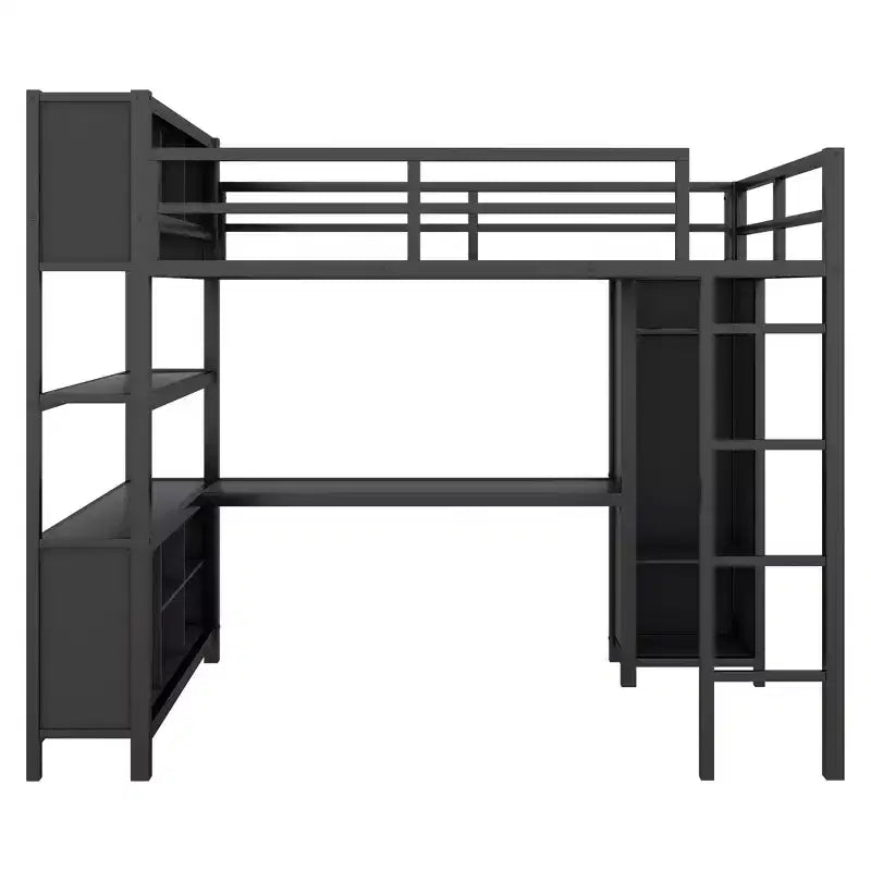 Lit mezzanine Okak pleine grandeur avec armoire et bureau en L, lits superposés en métal robustes avec étagères de rangement, lits mezzanine modernes pour adolescents et adultes