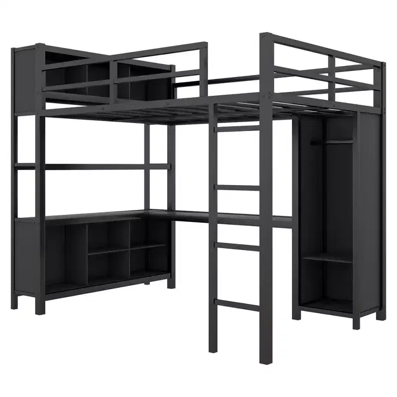 Lit mezzanine Okak pleine grandeur avec armoire et bureau en L, lits superposés en métal robustes avec étagères de rangement, lits mezzanine modernes pour adolescents et adultes