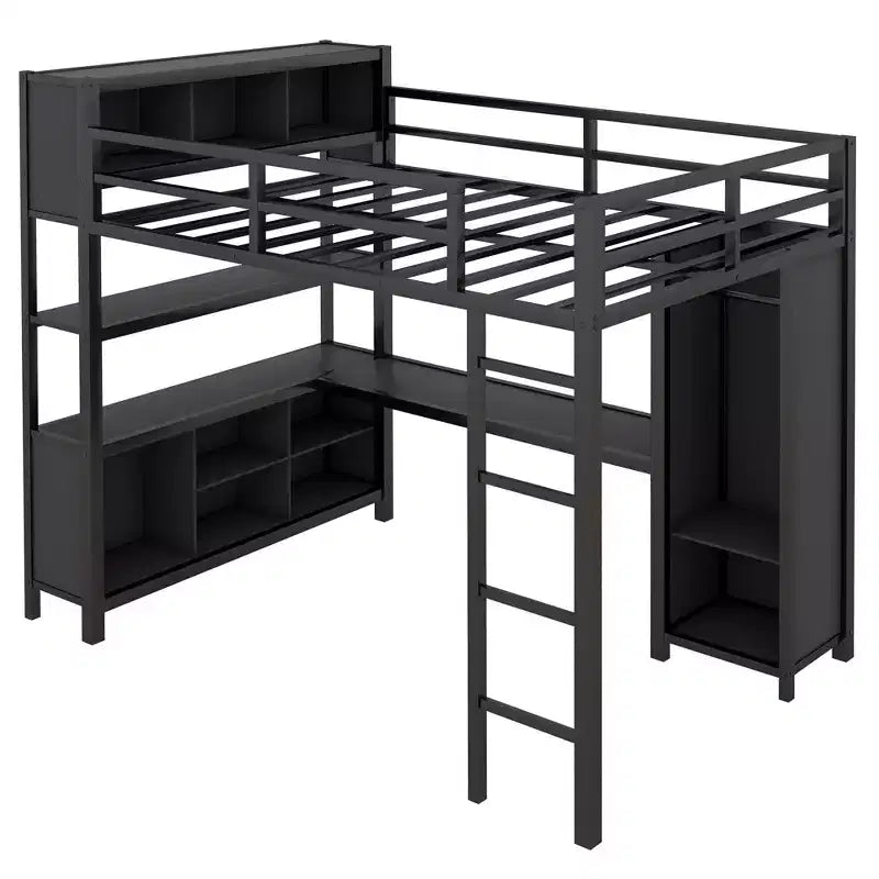 Lit mezzanine Okak pleine grandeur avec armoire et bureau en L, lits superposés en métal robustes avec étagères de rangement, lits mezzanine modernes pour adolescents et adultes
