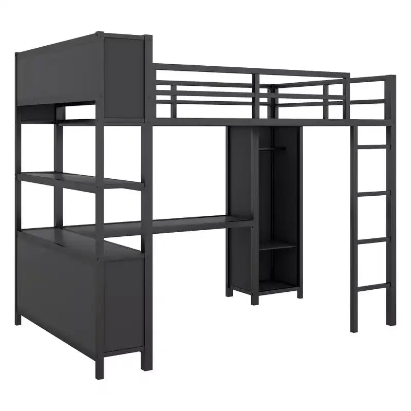 Lit mezzanine Okak pleine grandeur avec armoire et bureau en L, lits superposés en métal robustes avec étagères de rangement, lits mezzanine modernes pour adolescents et adultes