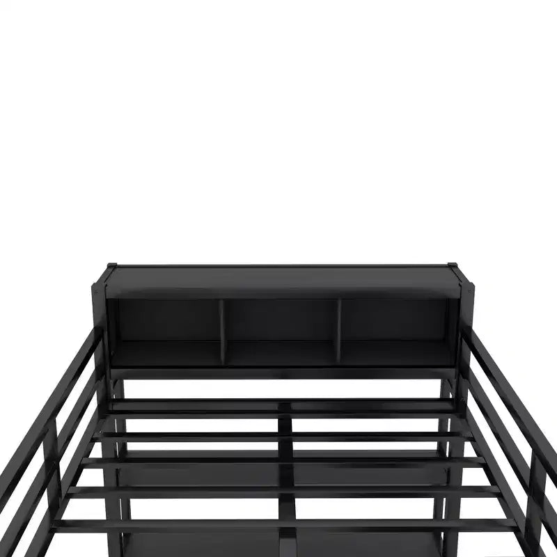 Lit mezzanine Okak pleine grandeur avec armoire et bureau en L, lits superposés en métal robustes avec étagères de rangement, lits mezzanine modernes pour adolescents et adultes