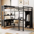 Lit mezzanine Okak pleine grandeur avec armoire et bureau en L, lits superposés en métal robustes avec étagères de rangement, lits mezzanine modernes pour adolescents et adultes
