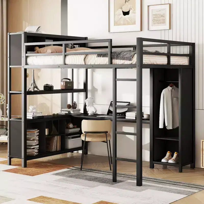 Lit mezzanine Okak pleine grandeur avec armoire et bureau en L, lits superposés en métal robustes avec étagères de rangement, lits mezzanine modernes pour adolescents et adultes