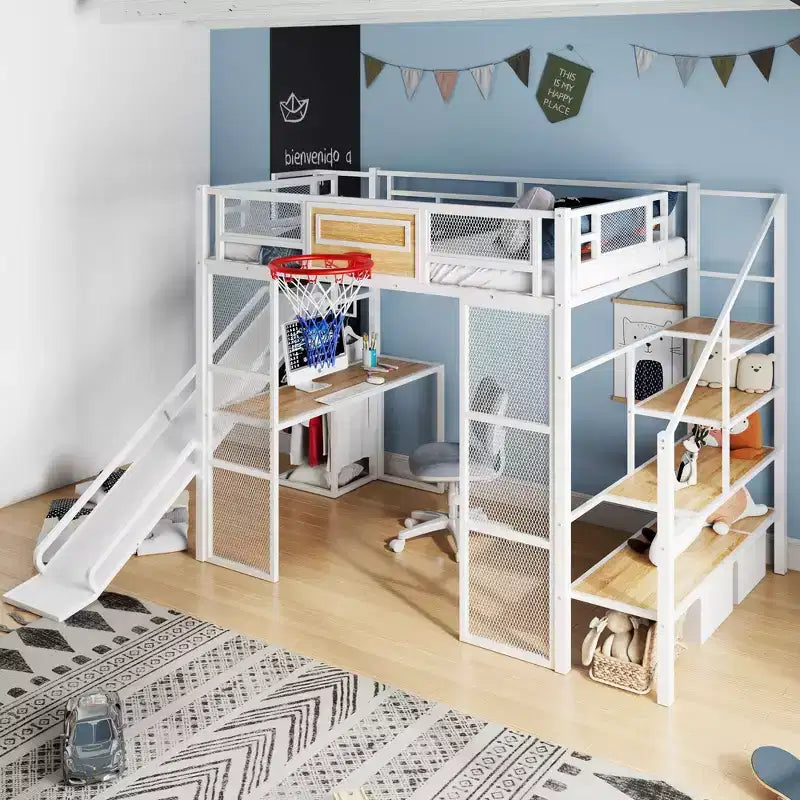 Lit mezzanine en métal Okak, taille complète/double, avec bureau et panier de basket, lits mezzanine peu encombrants avec toboggan et escalier, lit mezzanine robuste pour enfants et adolescents