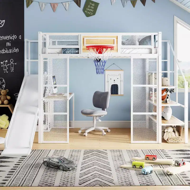 Lit mezzanine en métal Okak, taille complète/double, avec bureau et panier de basket, lits mezzanine peu encombrants avec toboggan et escalier, lit mezzanine robuste pour enfants et adolescents