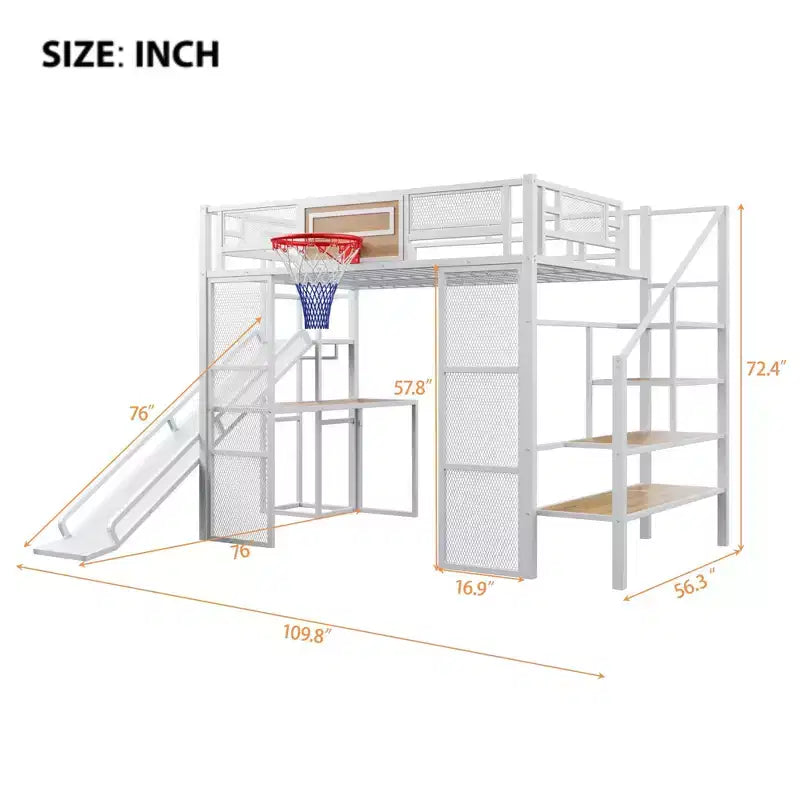 Lit mezzanine en métal Okak, taille complète/double, avec bureau et panier de basket, lits mezzanine peu encombrants avec toboggan et escalier, lit mezzanine robuste pour enfants et adolescents