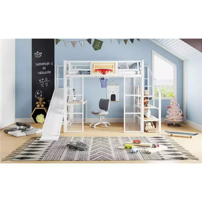 Lit mezzanine en métal Okak, taille complète/double, avec bureau et panier de basket, lits mezzanine peu encombrants avec toboggan et escalier, lit mezzanine robuste pour enfants et adolescents