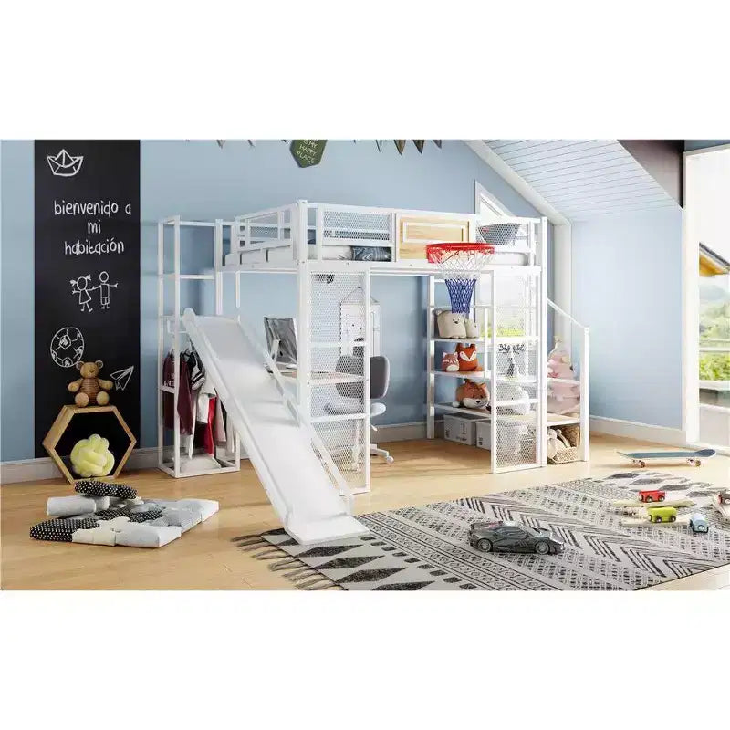 Lit mezzanine en métal Okak, taille complète/double, avec bureau et panier de basket, lits mezzanine peu encombrants avec toboggan et escalier, lit mezzanine robuste pour enfants et adolescents