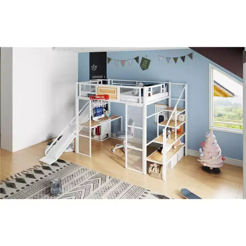 Lit mezzanine en métal Okak, taille complète/double, avec bureau et panier de basket, lits mezzanine peu encombrants avec toboggan et escalier, lit mezzanine robuste pour enfants et adolescents