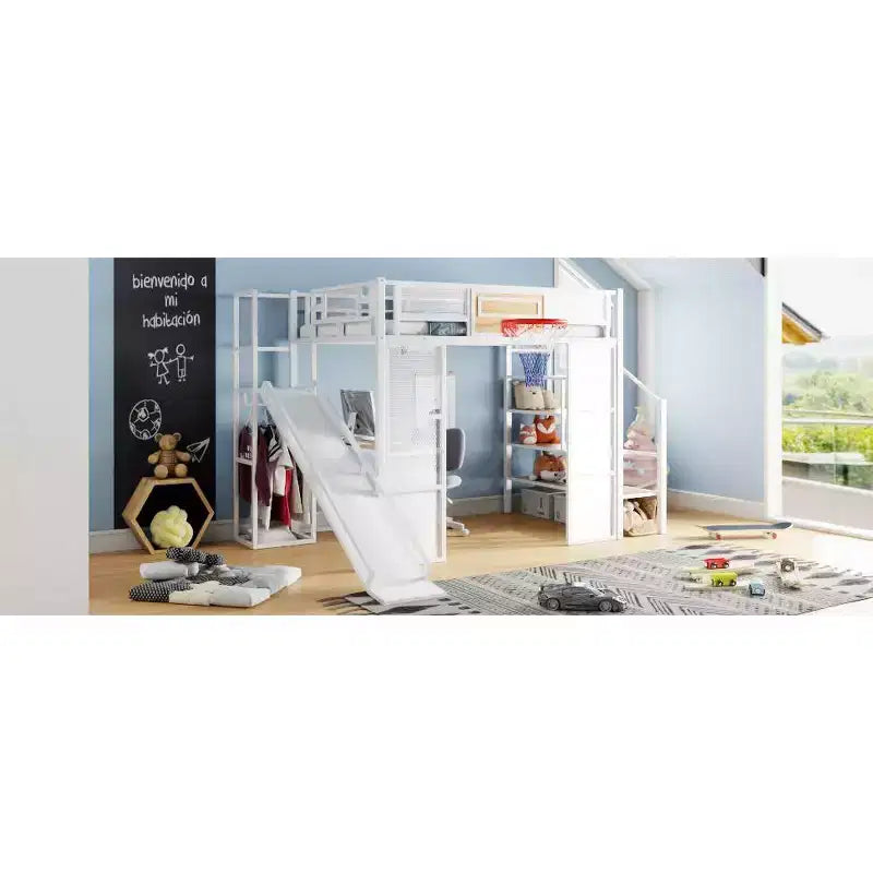 Lit mezzanine en métal Okak, taille complète/double, avec bureau et panier de basket, lits mezzanine peu encombrants avec toboggan et escalier, lit mezzanine robuste pour enfants et adolescents