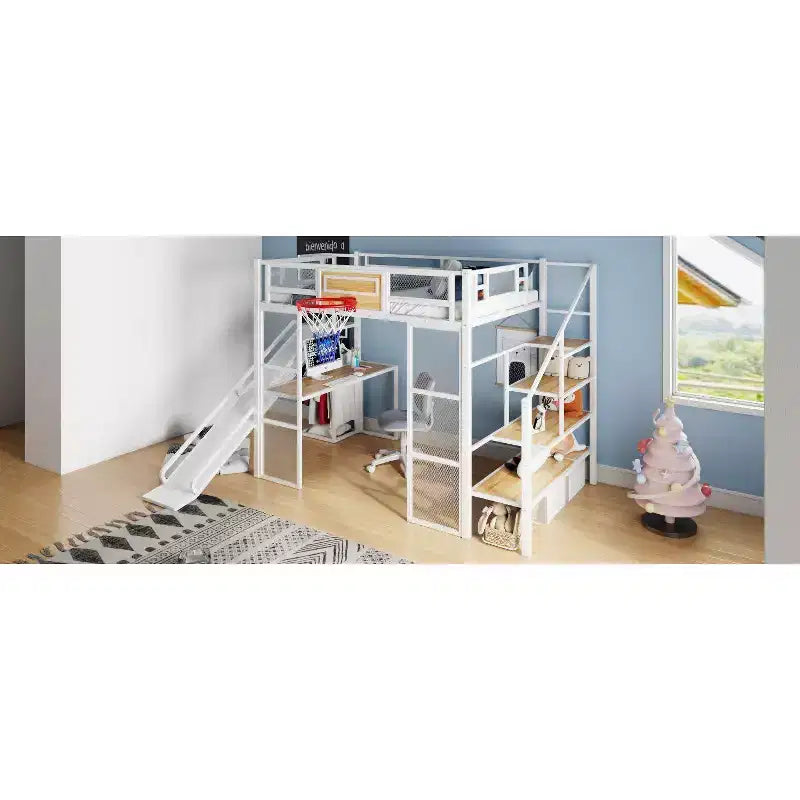 Lit mezzanine en métal Okak, taille complète/double, avec bureau et panier de basket, lits mezzanine peu encombrants avec toboggan et escalier, lit mezzanine robuste pour enfants et adolescents