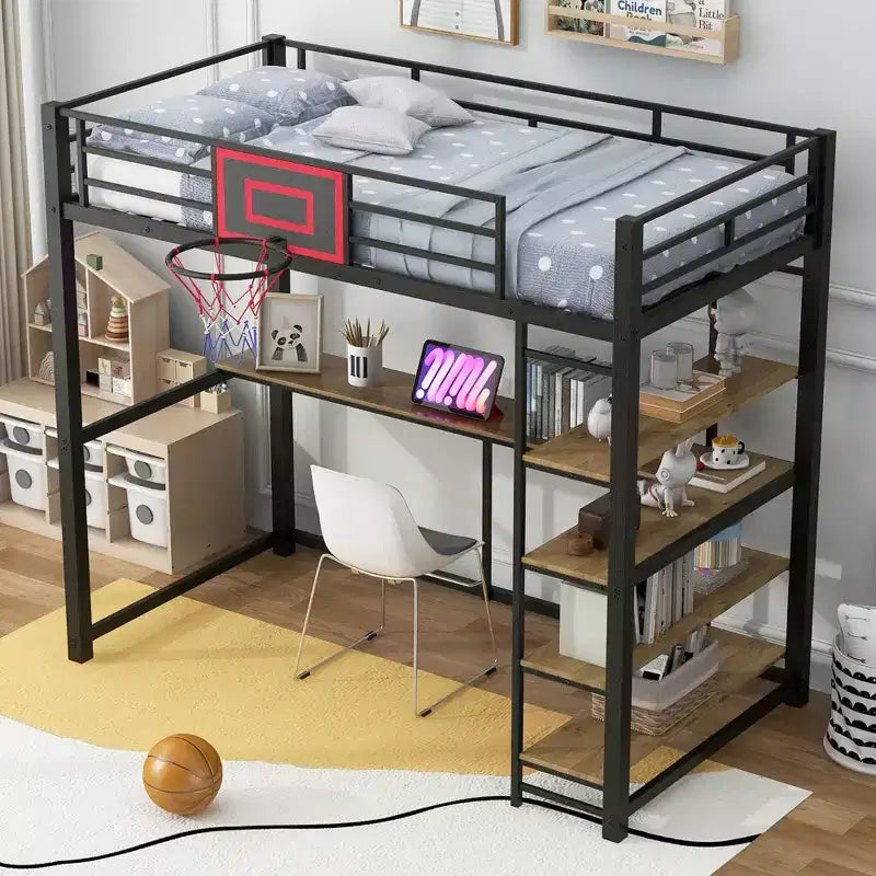 Lit mezzanine en métal Okak, taille complète/double, avec bureau et panier de basket, lits mezzanine peu encombrants avec toboggan et escalier, lit mezzanine robuste pour enfants et adolescents