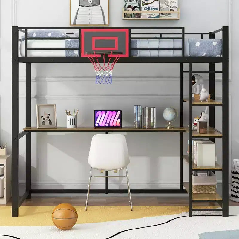 Lit mezzanine en métal Okak, taille complète/double, avec bureau et panier de basket, lits mezzanine peu encombrants avec toboggan et escalier, lit mezzanine robuste pour enfants et adolescents