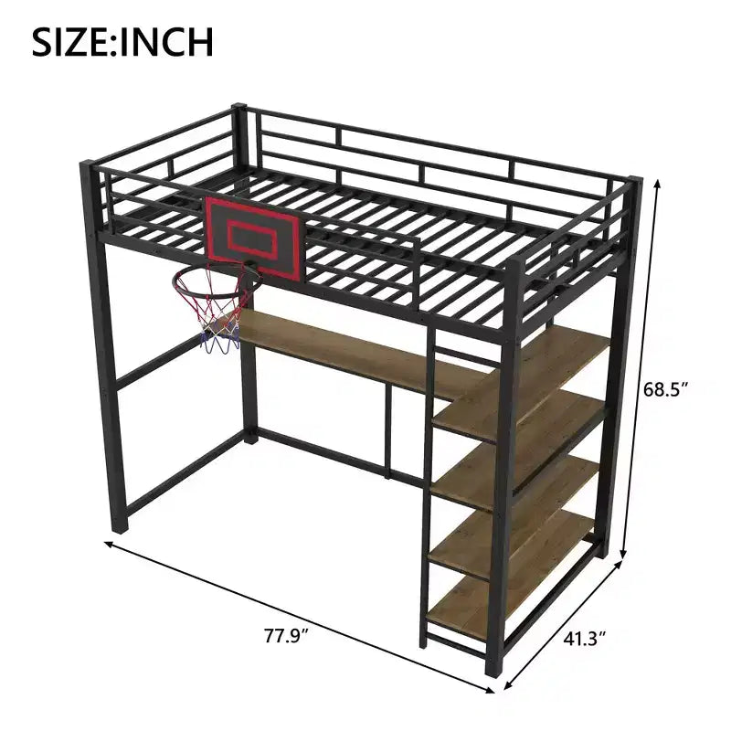 Lit mezzanine en métal Okak, taille complète/double, avec bureau et panier de basket, lits mezzanine peu encombrants avec toboggan et escalier, lit mezzanine robuste pour enfants et adolescents