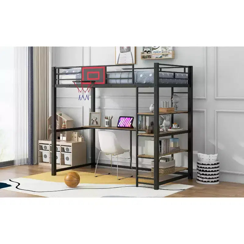 Lit mezzanine en métal Okak, taille complète/double, avec bureau et panier de basket, lits mezzanine peu encombrants avec toboggan et escalier, lit mezzanine robuste pour enfants et adolescents