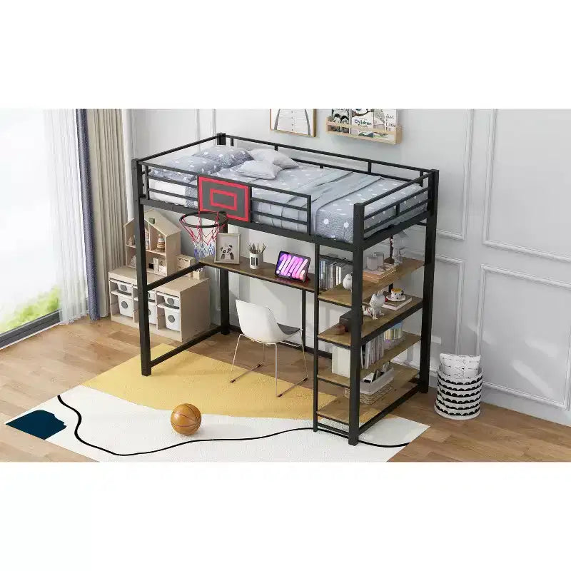Lit mezzanine en métal Okak, taille complète/double, avec bureau et panier de basket, lits mezzanine peu encombrants avec toboggan et escalier, lit mezzanine robuste pour enfants et adolescents
