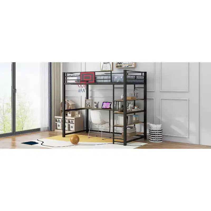 Lit mezzanine en métal Okak, taille complète/double, avec bureau et panier de basket, lits mezzanine peu encombrants avec toboggan et escalier, lit mezzanine robuste pour enfants et adolescents