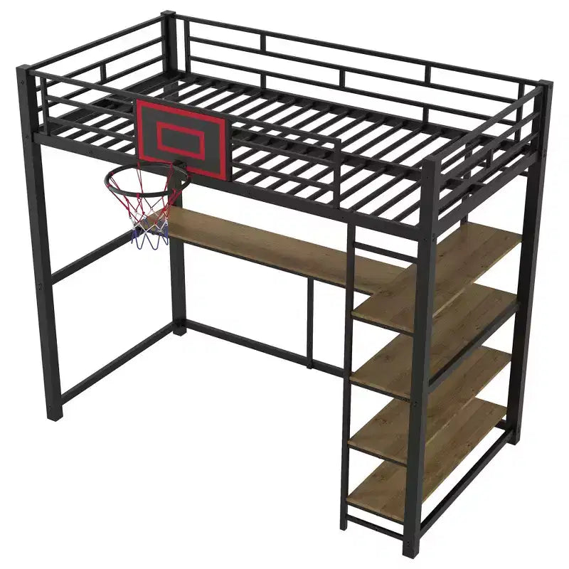 Lit mezzanine en métal Okak, taille complète/double, avec bureau et panier de basket, lits mezzanine peu encombrants avec toboggan et escalier, lit mezzanine robuste pour enfants et adolescents