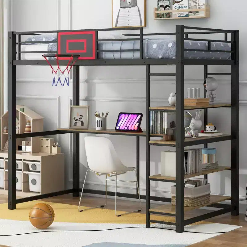 Okak Full/Twin Size Metal Loft Bed with Desk & Basketball Hoop,Space-Saving Loft Beds with Slide and Staircase,Sturdy Loft Bed for Kids,Teens