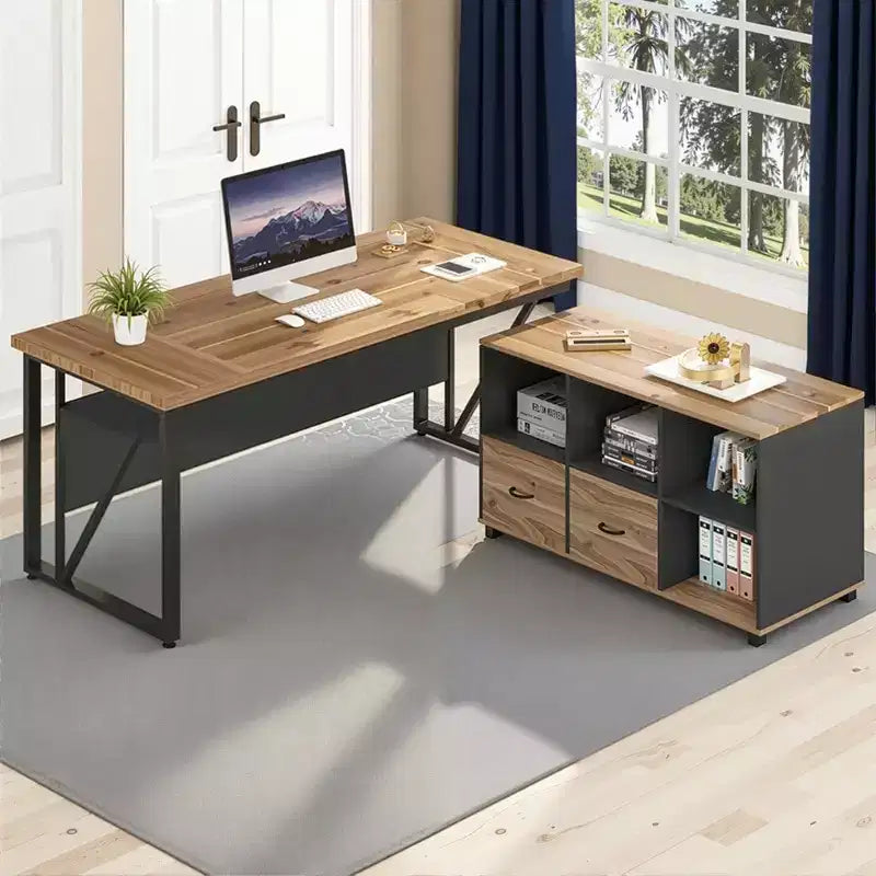 MAYEERTY Bureau d'angle en L 140x160 cm, Bureau de Direction et Caisson de Rangement Mobile