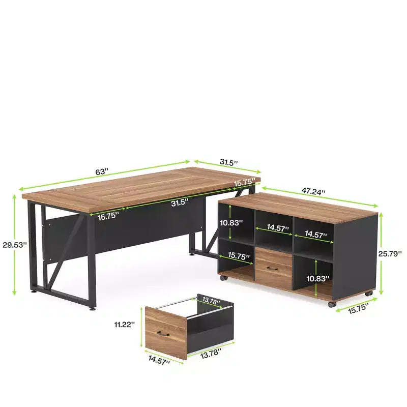 MAYEERTY Bureau d'angle en L 140x160 cm, Bureau de Direction et Caisson de Rangement Mobile