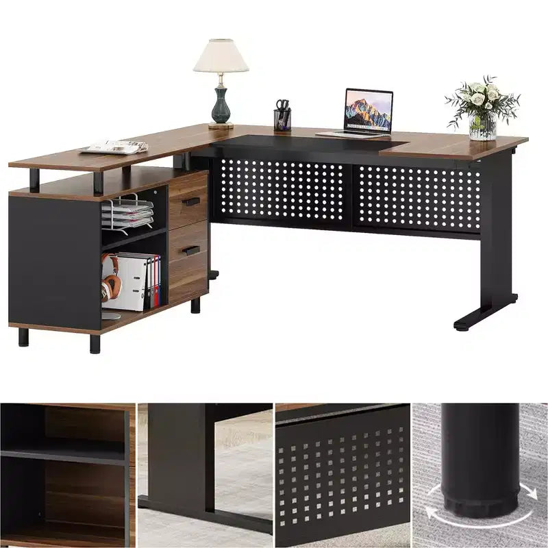 MAYEERTY Bureau d'angle en L 140x160 cm, Bureau de Direction et Caisson de Rangement Mobile