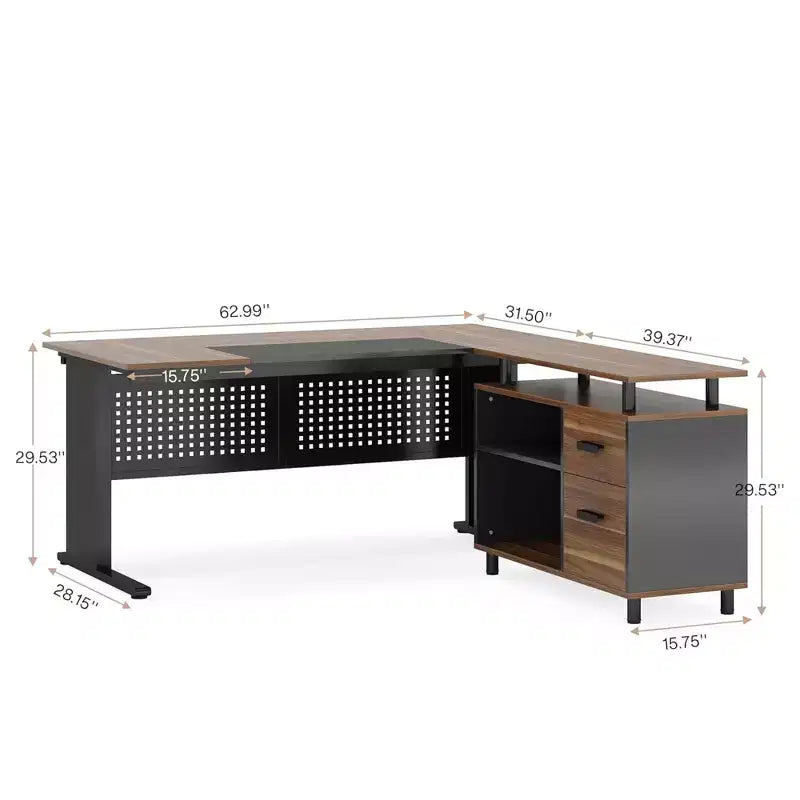 MAYEERTY Bureau d'angle en L 140x160 cm, Bureau de Direction et Caisson de Rangement Mobile