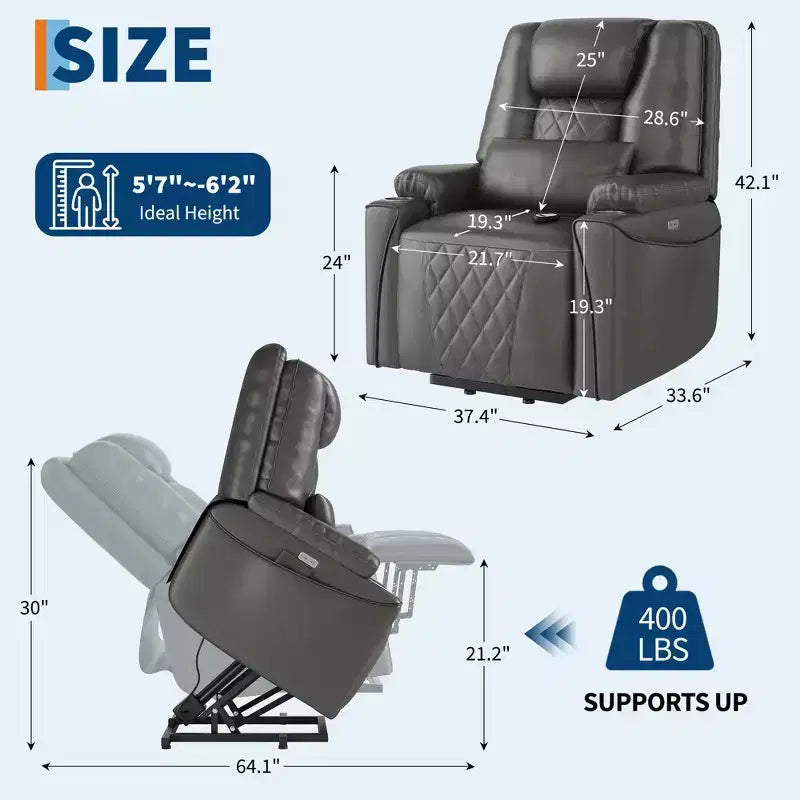 Fauteuil inclinable releveur, canapé, en cuir PU, 3 positions réglables, poches de rangement latérales et porte-gobelets, fauteuil releveur électrique, pour salon