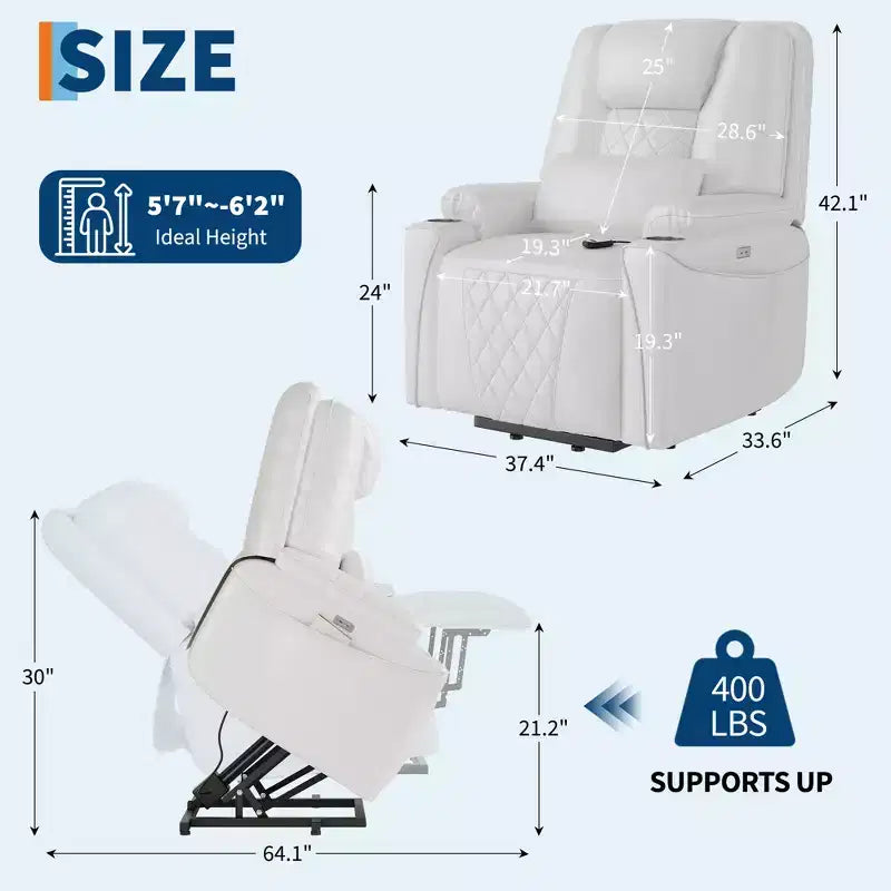 Fauteuil inclinable releveur, canapé, en cuir PU, 3 positions réglables, poches de rangement latérales et porte-gobelets, fauteuil releveur électrique, pour salon