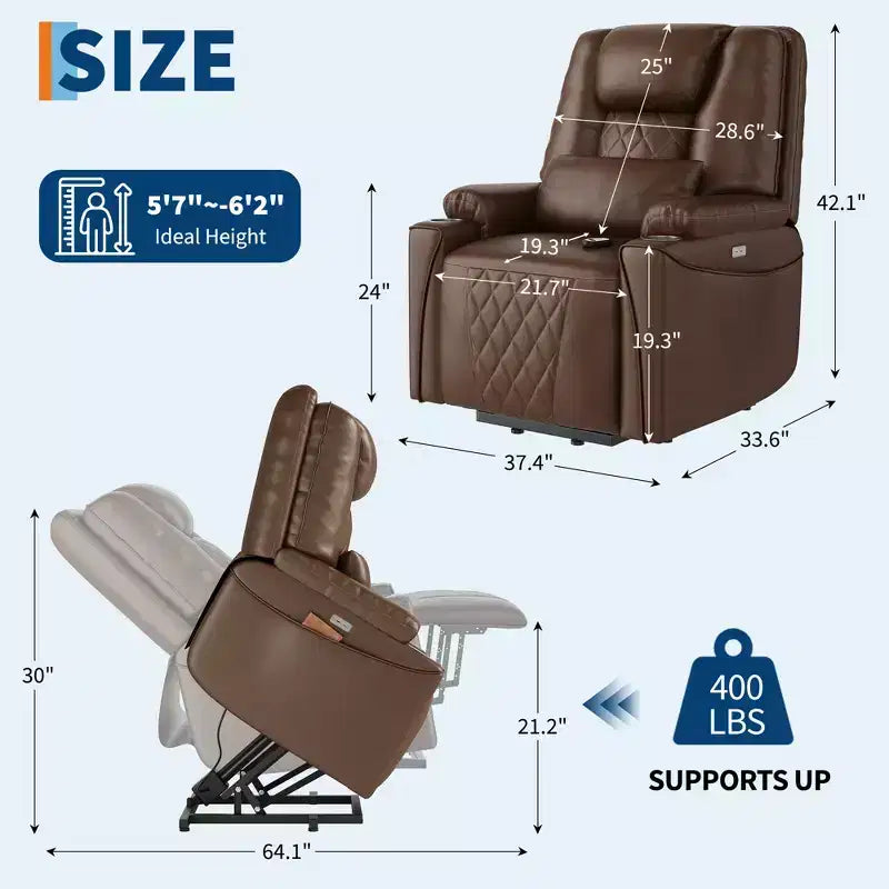 Fauteuil inclinable releveur, canapé, en cuir PU, 3 positions réglables, poches de rangement latérales et porte-gobelets, fauteuil releveur électrique, pour salon