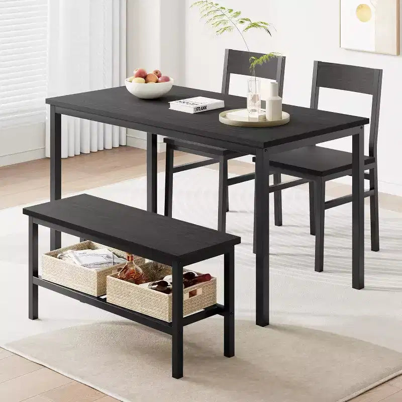 Modern Dining Table Set for 4 with Metal Frame, Chairs, and Bench, 4-Person Kitchen Table with Storage Rack, Ideal for Apartments and Dining Rooms.