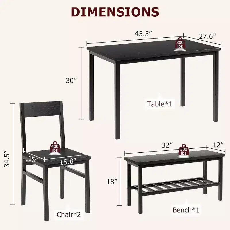 Ensemble table à manger moderne pour 4 personnes avec cadre en métal, chaises et banc, table de cuisine 4 personnes avec étagère de rangement, idéal pour les appartements et les salles à manger.