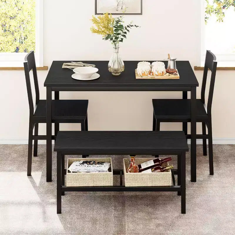 Ensemble table à manger moderne pour 4 personnes avec cadre en métal, chaises et banc, table de cuisine 4 personnes avec étagère de rangement, idéal pour les appartements et les salles à manger.
