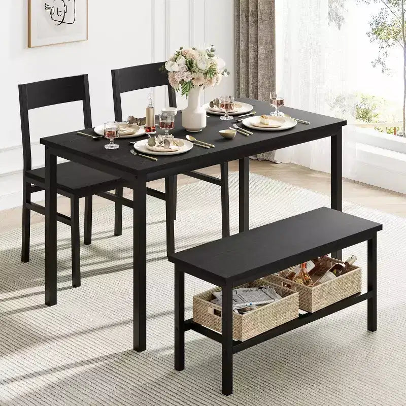 Ensemble table à manger moderne pour 4 personnes avec cadre en métal, chaises et banc, table de cuisine 4 personnes avec étagère de rangement, idéal pour les appartements et les salles à manger.