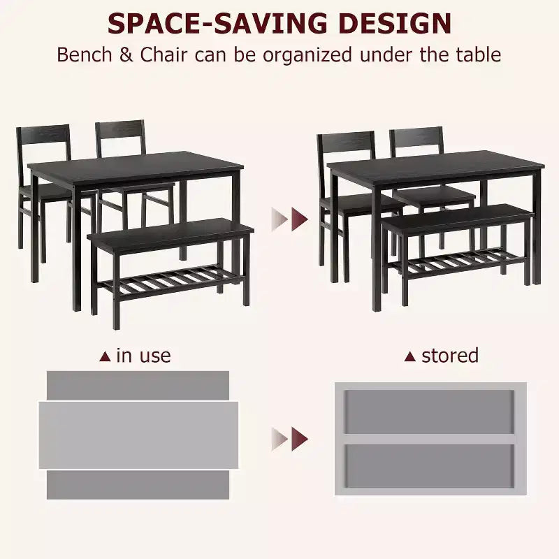 Ensemble table à manger moderne pour 4 personnes avec cadre en métal, chaises et banc, table de cuisine 4 personnes avec étagère de rangement, idéal pour les appartements et les salles à manger.