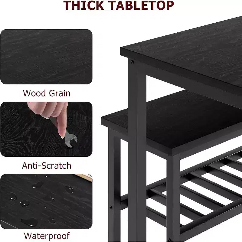 Ensemble table à manger moderne pour 4 personnes avec cadre en métal, chaises et banc, table de cuisine 4 personnes avec étagère de rangement, idéal pour les appartements et les salles à manger.
