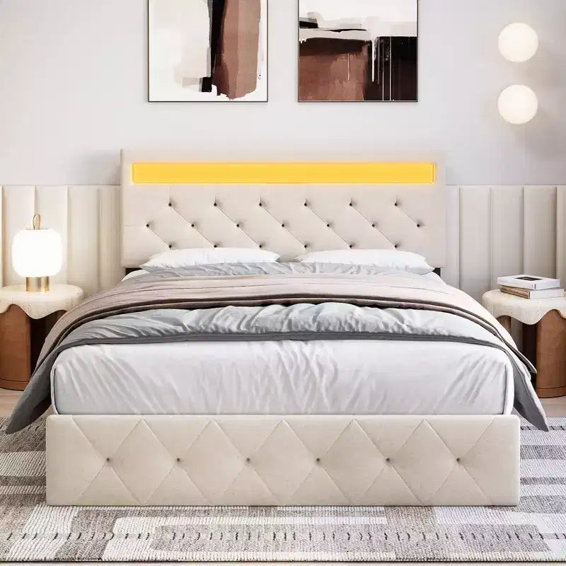 Cadre de lit avec tête de lit lumineuse, Cadre de lit avec port USB à charge rapide, Cadre de lit plateforme capitonné, Sommier tapissier non requis