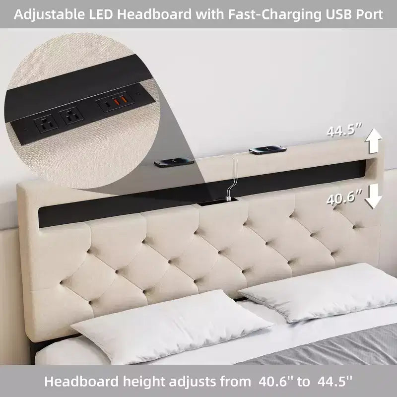Cadre de lit avec tête de lit lumineuse, Cadre de lit avec port USB à charge rapide, Cadre de lit plateforme capitonné, Sommier tapissier non requis