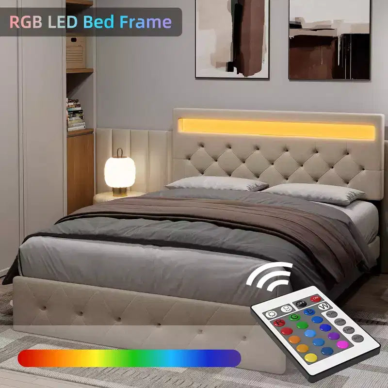 Cadre de lit avec tête de lit lumineuse, Cadre de lit avec port USB à charge rapide, Cadre de lit plateforme capitonné, Sommier tapissier non requis