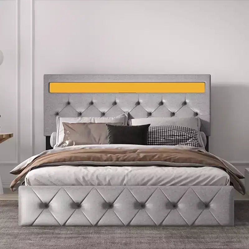 Cadre de lit avec tête de lit lumineuse, Cadre de lit avec port USB à charge rapide, Cadre de lit plateforme capitonné, Sommier tapissier non requis